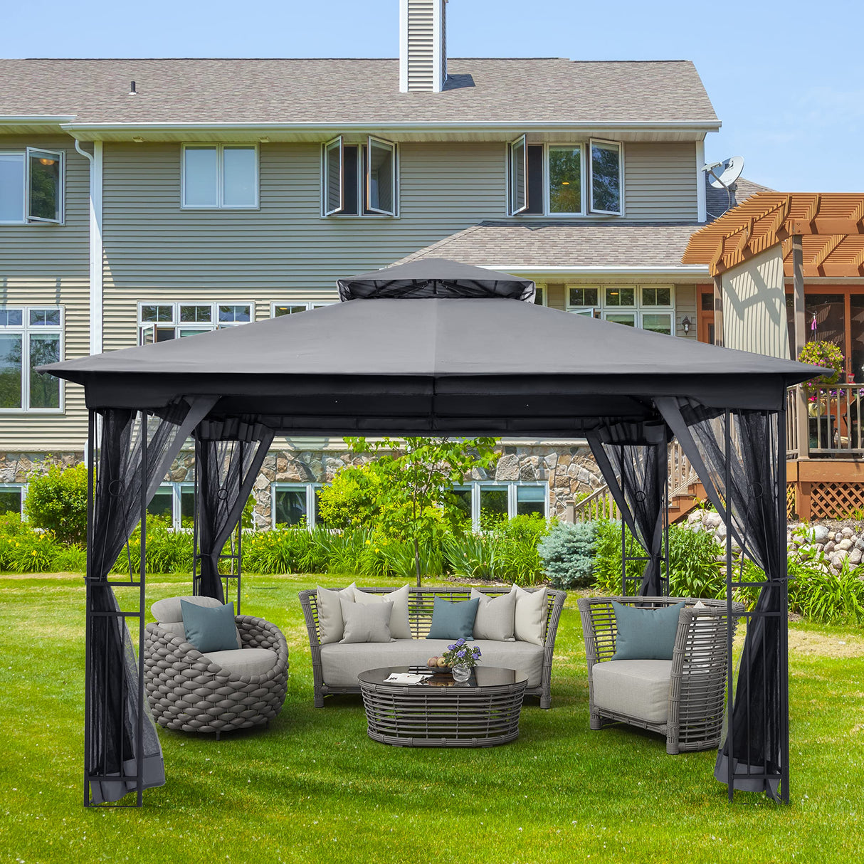 HAPPATIO 10' X 12' Patio Gazebo with Ventilation Double Roof,Outdoor Gazebo with Mosquito Netting for Lawn, Garden (Grey) HAPPATIO
