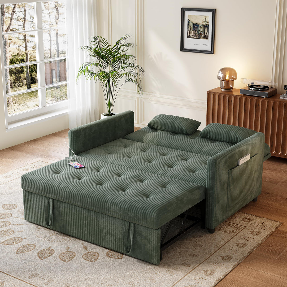 UXENAFANA Sofa Bed, Loveseat 3-in-1 Sleeper Sofa with Pull Out Bed, Pockets and USB, Modern 2 Seater Convertible Small Couch for Living Room Bedroom Apartment (Green, Corduroy) UXENAFANA
