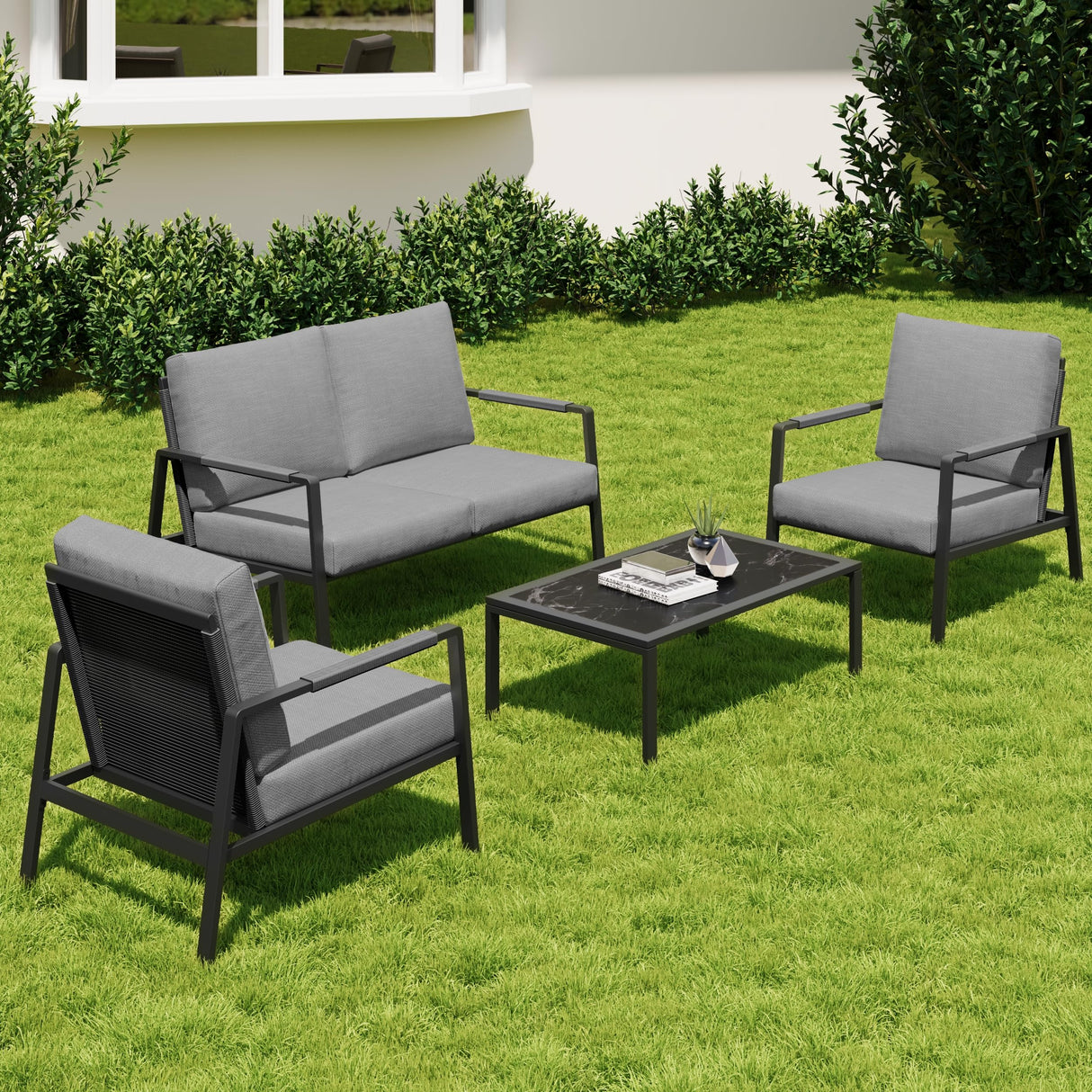 EAST OAK 4-Piece Patio Furniture Set with Thick Cushions, 2025 Coast Patio Conversation Set,4 Seats Waterproof Outdoor Patio Set with Rattan Armrests, Loveseat and Coffee Table for Backyard, Grey EAST OAK