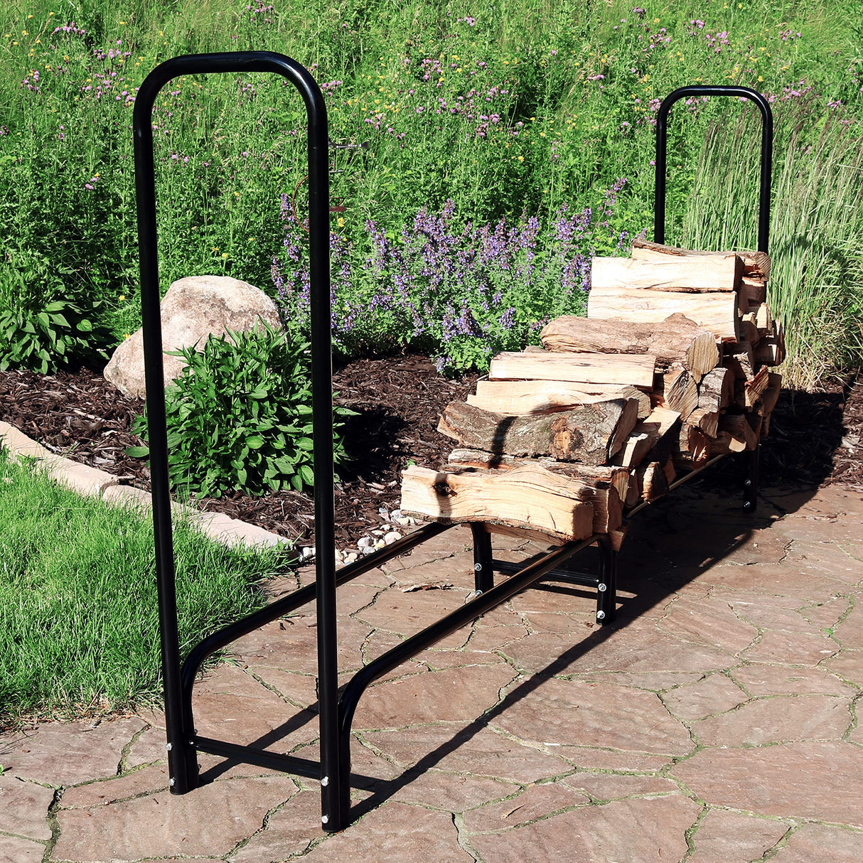 Sunnydaze 8-Foot Firewood Log Rack - Indoor/Outdoor Black Powder-Coated Steel Storage Accessory Sunnydaze