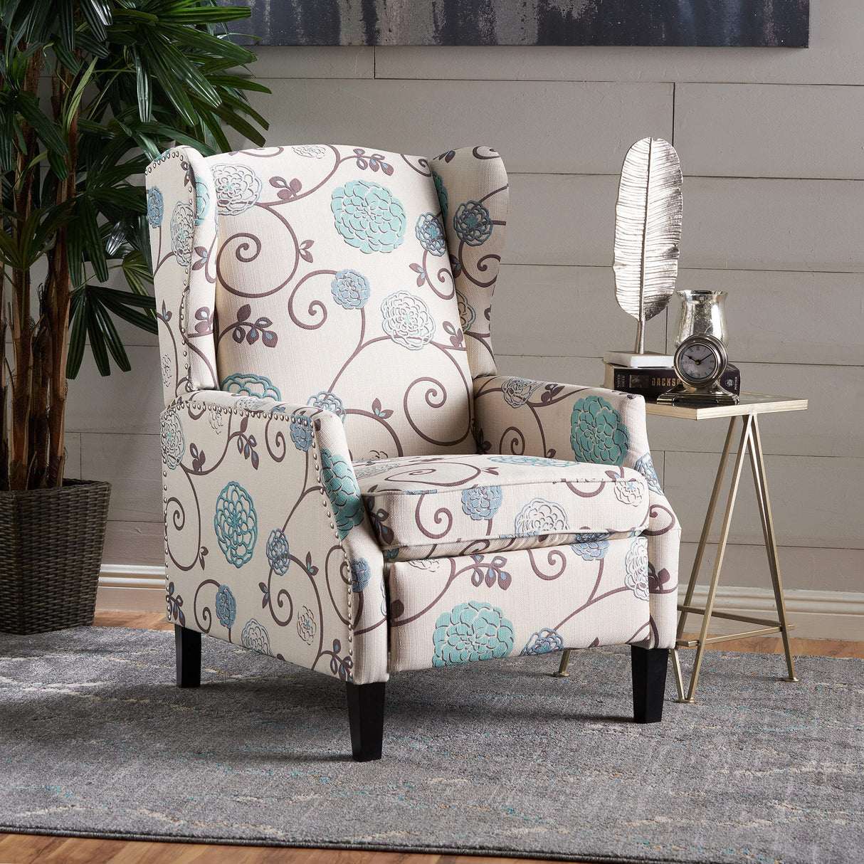 Christopher Knight Home GDFStudio Westeros Traditional Wingback Fabric Recliner Chair (White & Blue Floral) CHRISTOPHER KNIGHT HOME