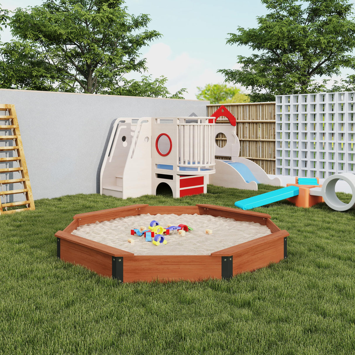 85''x78''x9'' Wooden Octagon Sandbox with Cover, Large Sandpit for Kids Outdoor Patio Backyard Play, Easy & Quick Assemble Mederra