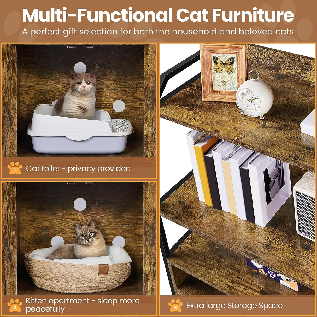 Yaheetech Cat Litter Box Enclosure, Hidden Litter Box Furniture w/Shelf & Storage Compartments, Cat Washroom, Wood Cat House, Rustic Brown Yaheetech