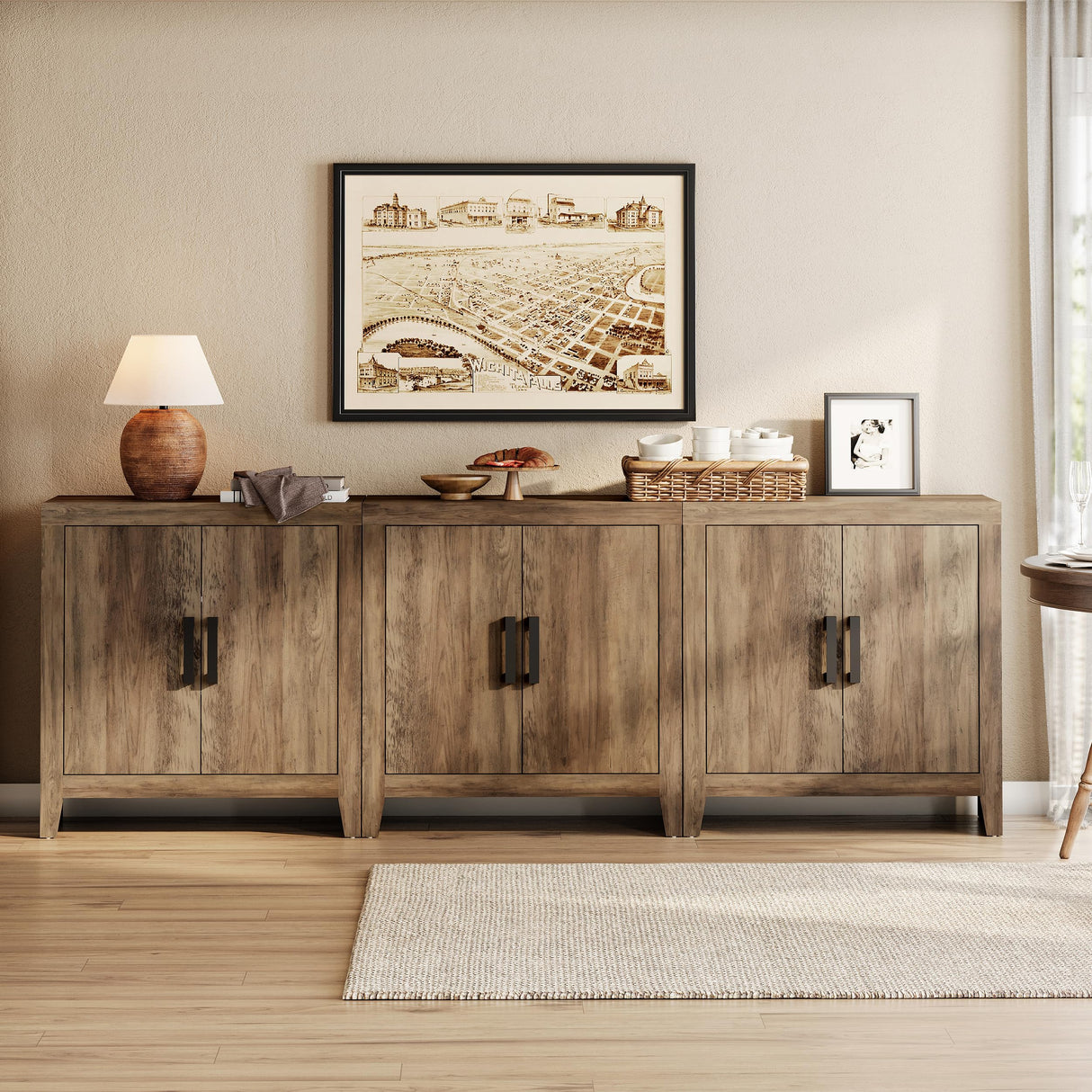 WAMPAT Farmhouse TV Stand for TVs up to 85 Inch, Rustic Wood Entertainment Center & Media Console with 6 Storage Doors, Accent Cabinet for Living Room, Hallway, Rustic Brown WAMPAT