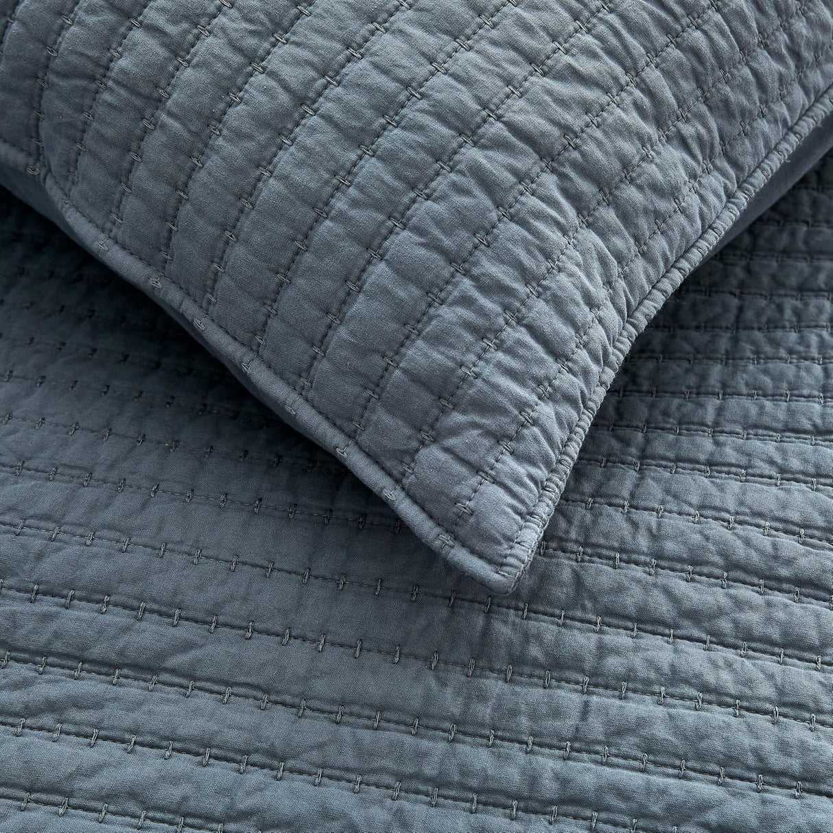 WDCOZY 100% Cotton King Size Quilt Set - Blue Striped Pick Stitch Soft Lightweight Bedspread, Textured Like Linen, Farmhouse Country Rustic Coverlet, Shabby Chic Gauze Bedding, 3 Pieces WDCOZY