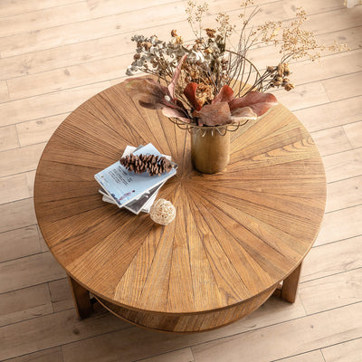 DS-HOMEPORT Wood Round Coffee Table for Living Room, 2 Tier Circle Coffee Table with Storage, Rustic Natural Coffee Table for Apartment, Easy Assembly (Espresso,35" Dx35 Wx18 H)