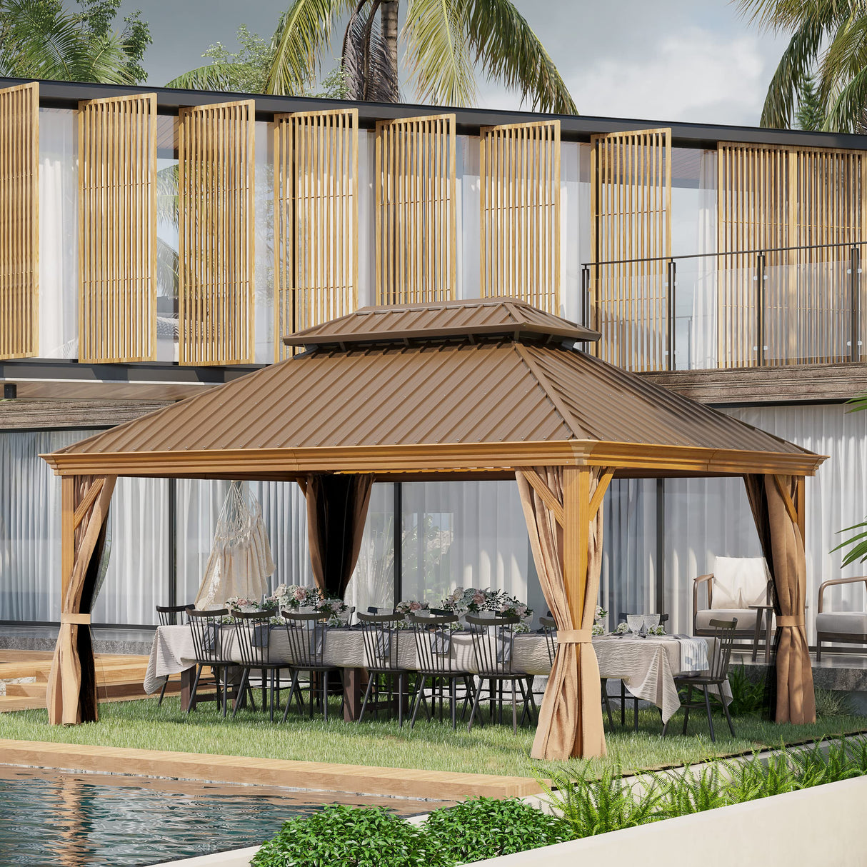 GAZEBEST 12' X 16' Hardtop Gazebo Outdoor Aluminum Patio Gazebo Double Roof Galvanized Steel Gazebo Canopy Wooden Finish Coated with Netting and Curtains,for Garden Patio,Patio Backyard,Deck and Lawns GAZEBEST