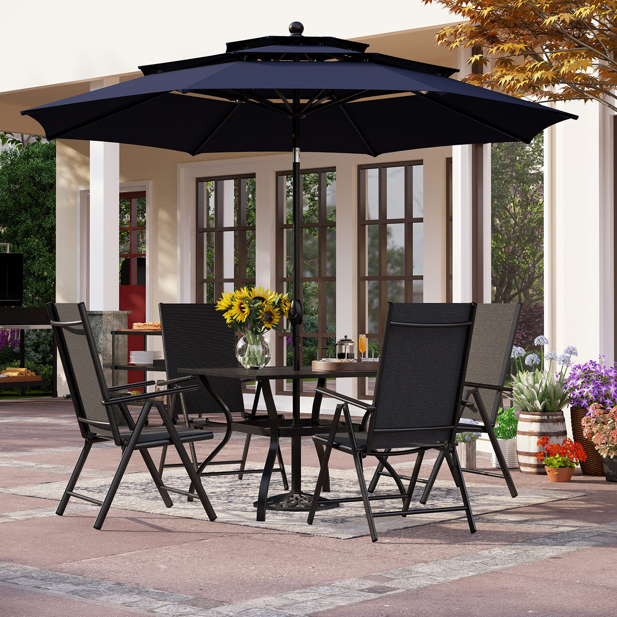 PHI VILLA 5 Piece Outdoor Dining Set with 10ft Umbrella (Navy Blue), Patio Table and Chairs for 4 with Lightweight Folding Dining Chairs & Metal Square Dining Table for Yard, Garden and Deck PHI VILLA
