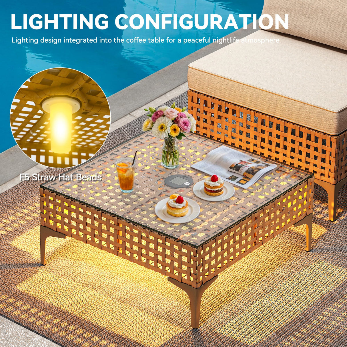 YITAHOME Wicker Patio Furniture Set 3 Pieces Outdoor Sectional Sofa with Solar Light Table Outdoor Couch with Waterproof Cushions All-Weather Rattan Patio Conversation Set for Balcony Porch YITAHOME