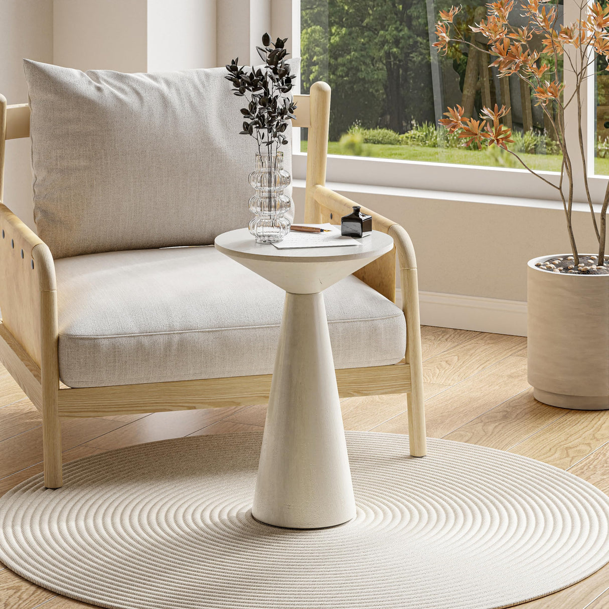 COZAYH Farmhouse Pedestal Small End Table Round Martini Table Wood Plant Stand Rustic Drink Table for Small Space Living Room, Bedroom, White COZAYH