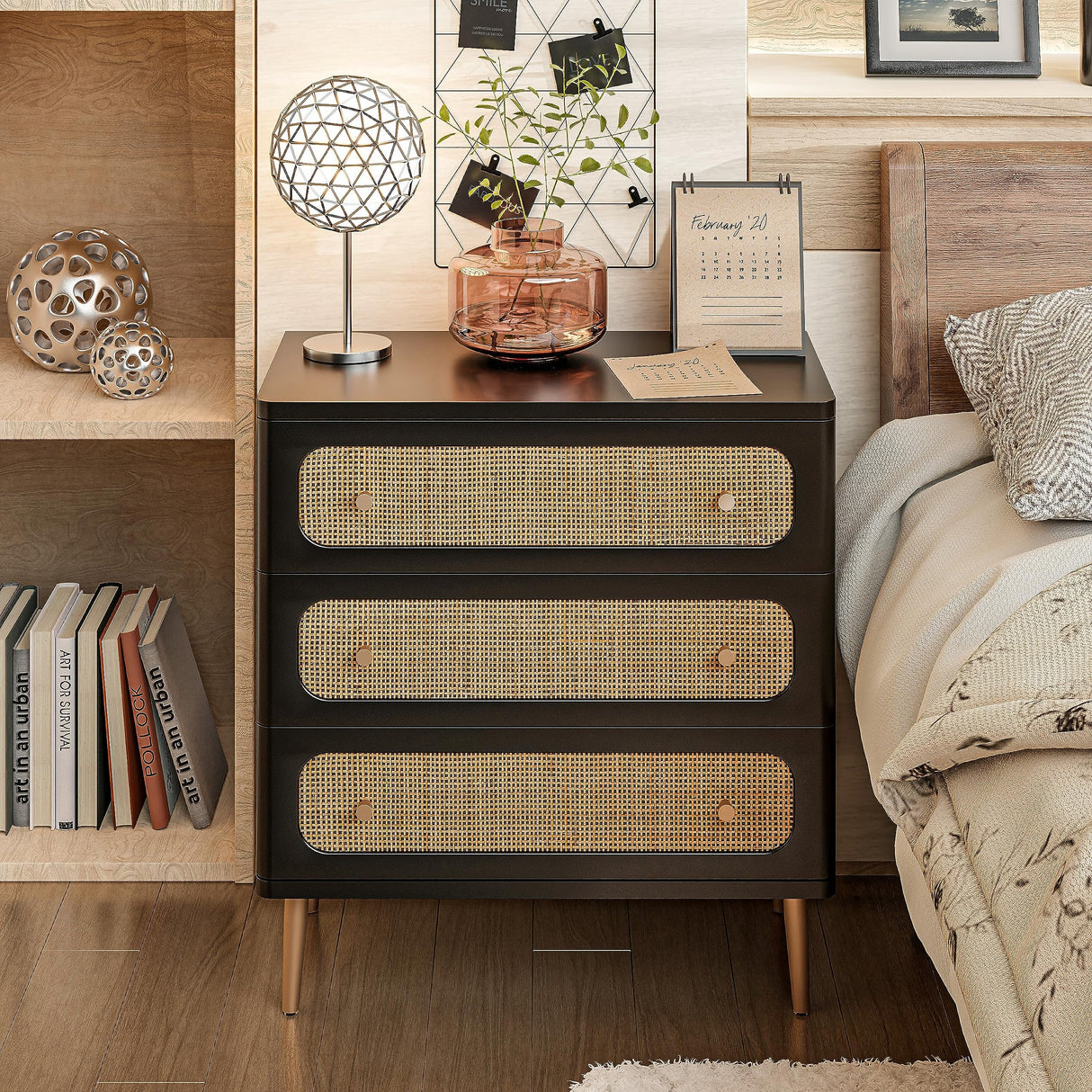 LONYKE Wicker Rattan Chest of Drawers, 3-Drawer Dresser, Black Finish Wooden Storage Cabinet, Modern Farmhouse Accent Table, Boho Mid-Century Coastal Sideboard LONYKE