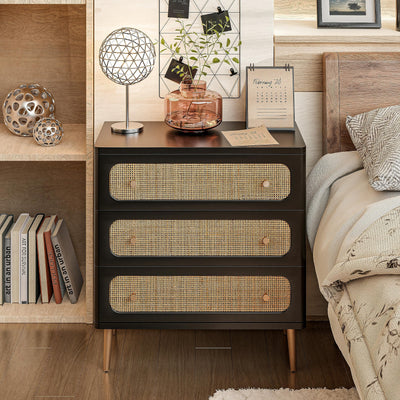 LONYKE Wicker Rattan Chest of Drawers, 3-Drawer Dresser, Black Finish Wooden Storage Cabinet, Modern Farmhouse Accent Table, Boho Mid-Century Coastal Sideboard