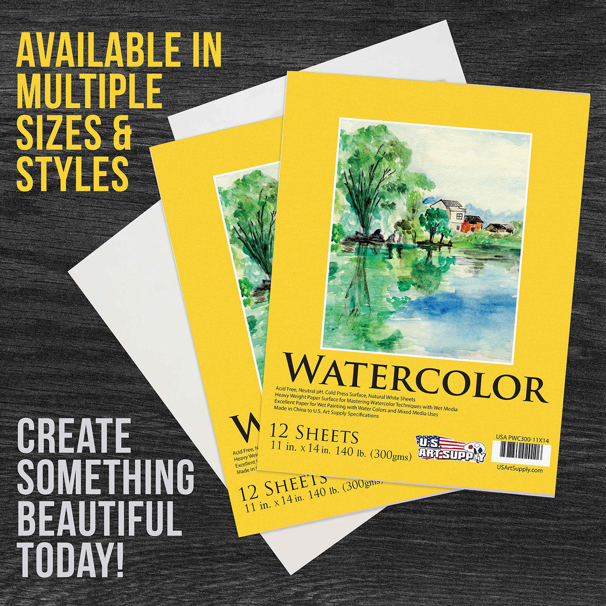 U.S. Art Supply 11" x 14" Premium Heavyweight Watercolor Painting Paper Pad, Pack of 2, 12 Sheets Each, 140 Pound (300gsm) - Cold Pressed, Acid-Free, Wet, Dry & Mixed Media - Artists, Students, Adults U.S. Art Supply