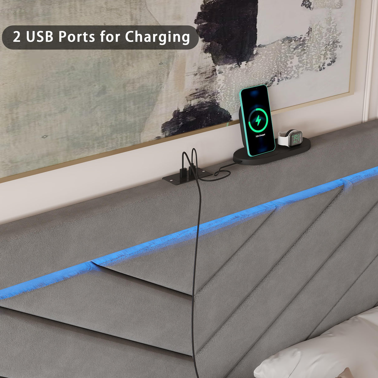 Fastroby Full Size Bed Frame with Adjustable Headboard and 2 Storage Drawers, Upholstered Bed Frame Full with RGB LED Light and Charging Station, Easy Assembly, No Box Spring Needed, Grey Fastroby