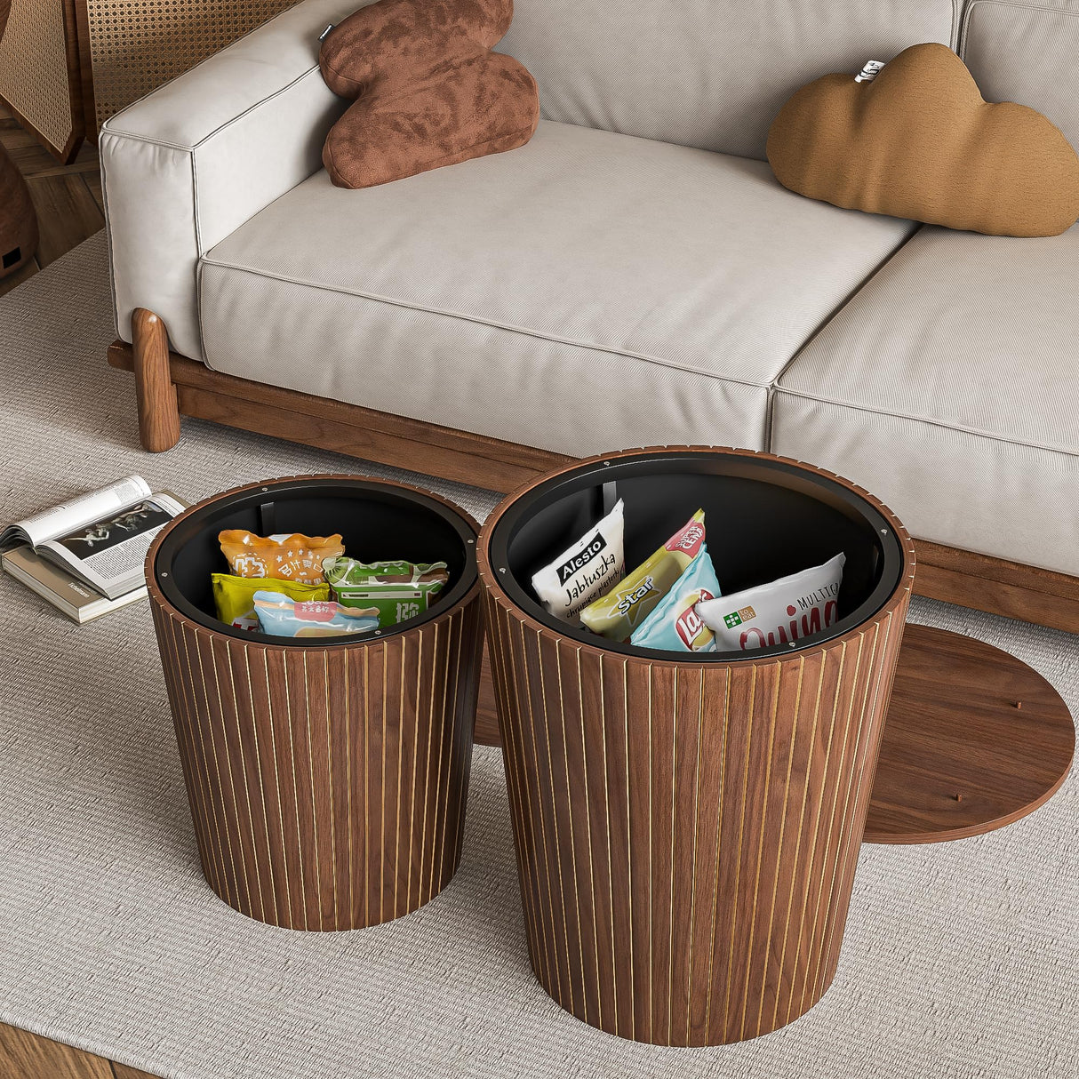 Nesting Coffee Table Set of 2, Round End Table with Storage, Farmhouse Side Table with Removable Wood Tops and Wood Basket Bases for Blanket Storage, Modern Coffee Table for Living Room (Walnut) Lisicues