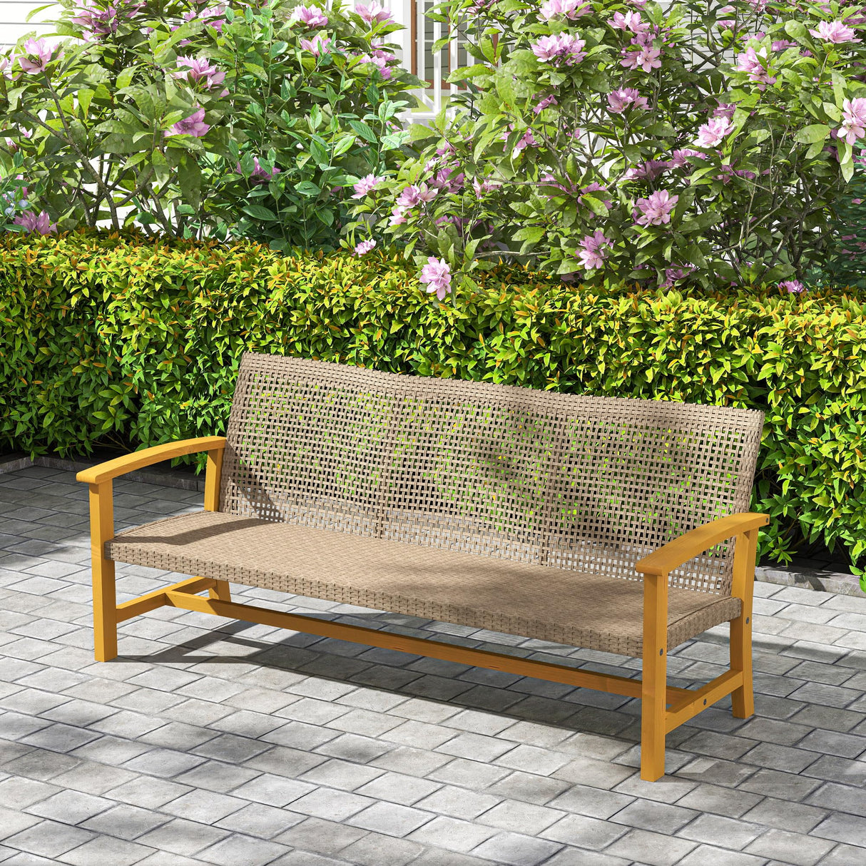 Outsunny Wicker Outdoor Couch, 3-Seat Rattan Outdoor Patio Sofa, 1000 lbs. Capacity, Acacia Wood Patio Furniture Couch with Steel Seat and Armrests for Backyard, Porch, Teak Outsunny