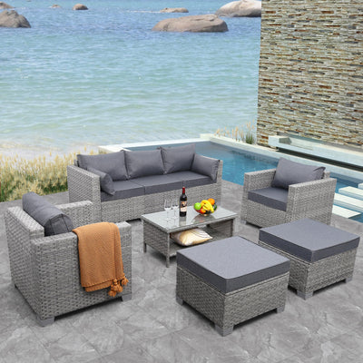 WAROOM Patio Furniture Set 6 Piece Outdoor Patio Set Grey Wicker Balcony Furniture Conversation Sets PE Rattan Couch Sofa with Coffee Table, Grey Cushion