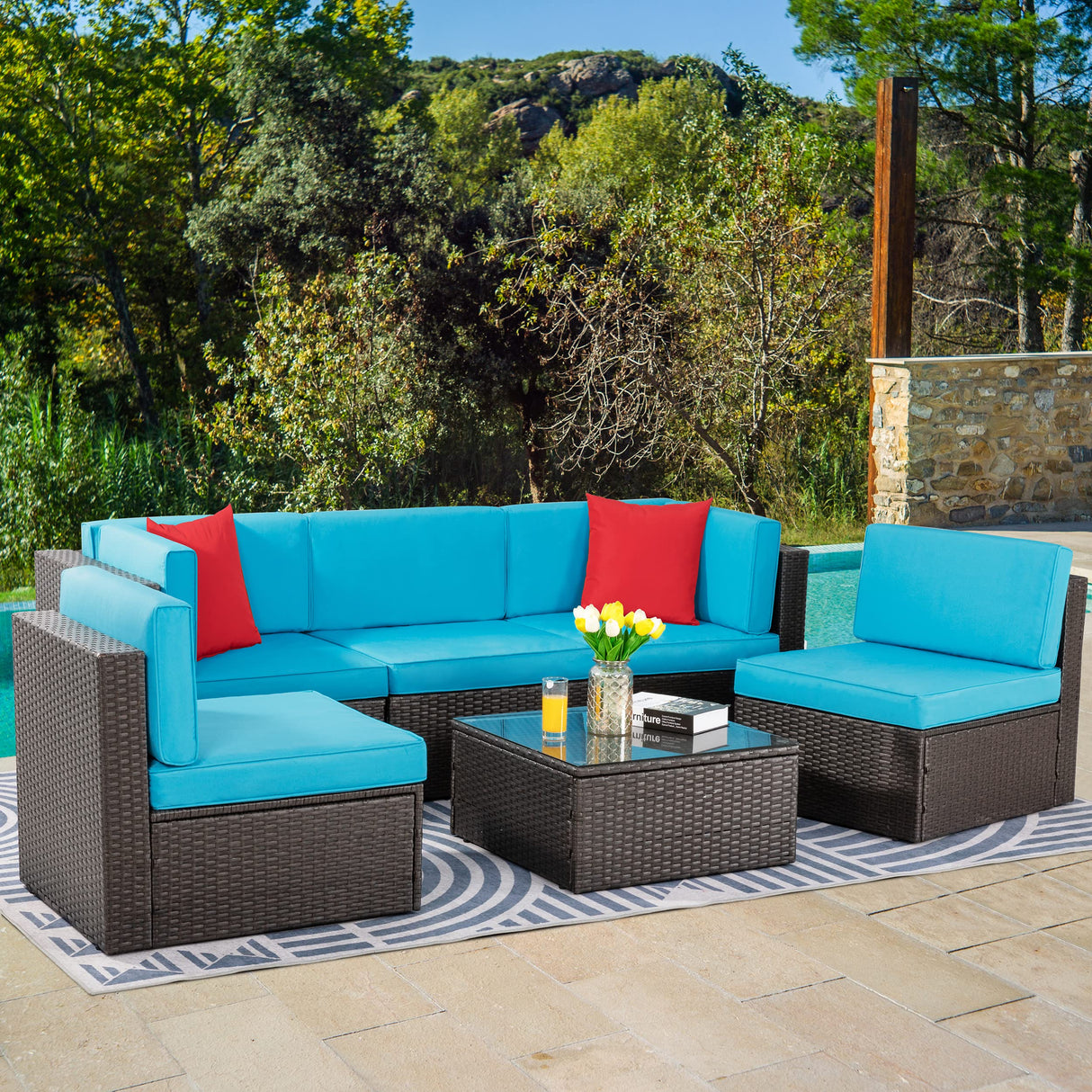 Vongrasig 6 Piece Small Patio Furniture Sets, Outdoor Sectional Sofa All Weather PE Wicker Patio Sofa Couch Garden Backyard Conversation Set with Glass Table,Blue Cushions and Red Pillows (Blue) Vongrasig