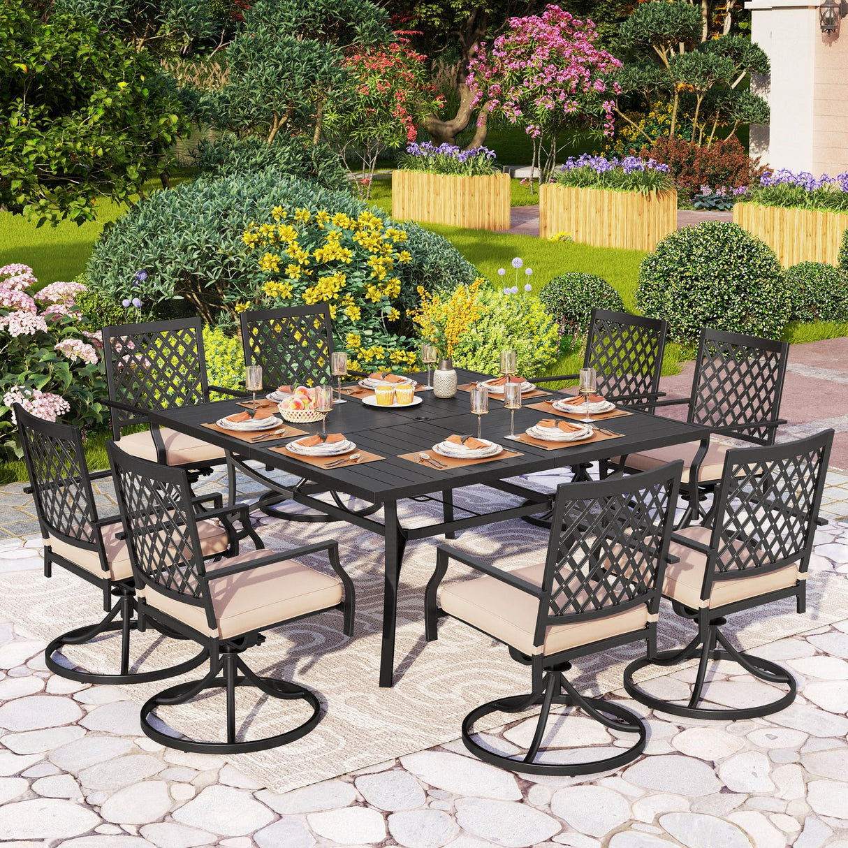PHI VILLA 9-Piece Metal Patio Outdoor Table and Chairs Outdoor Dining Set - Large Square Patio Table and 8 Backyard Garden Chairs, Black PHI VILLA