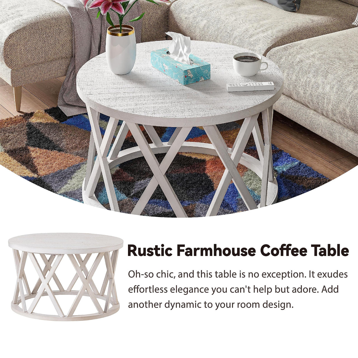 COZAYH Farmhouse Coffee Table, Rustic Round Coffee Table with X-Motifs Legs, Wood Textured Top, for Boho, French Country Decor, Antique White COZAYH