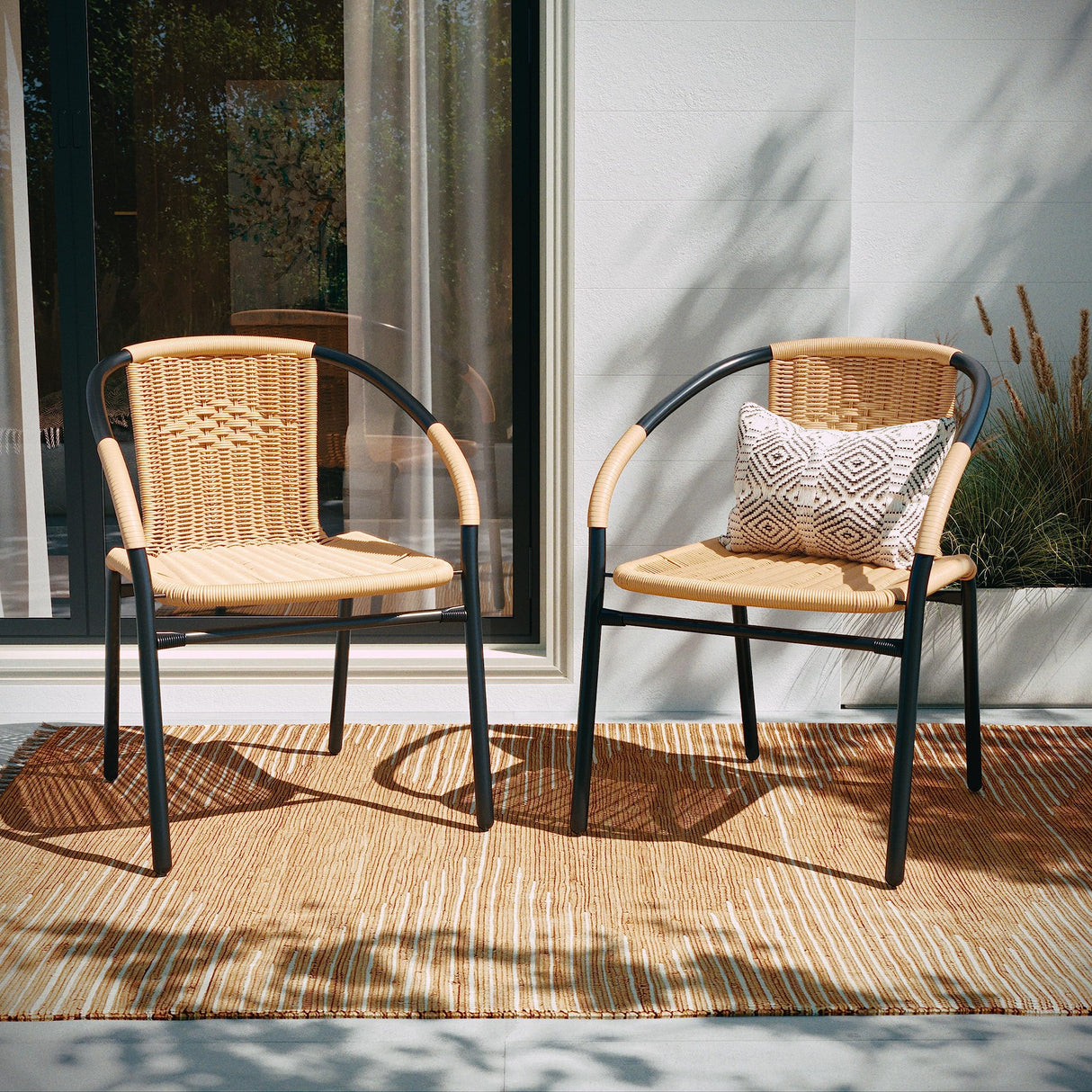 EMMA + OLIVER Set of 4 Modern Rattan Indoor/Outdoor Stack Chairs, Stacking Rattan Patio Chairs with Curved Back and Cross Bracing, Beige EMMA + OLIVER