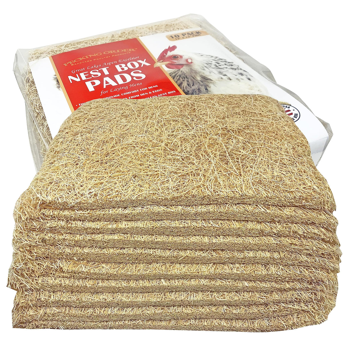 Nest Box Pads for Chicken Nesting Boxes - 13 x 13 Pads Made in USA from Sustainably Sourced Aspen Excelsior (10 Pack) Pecking Order