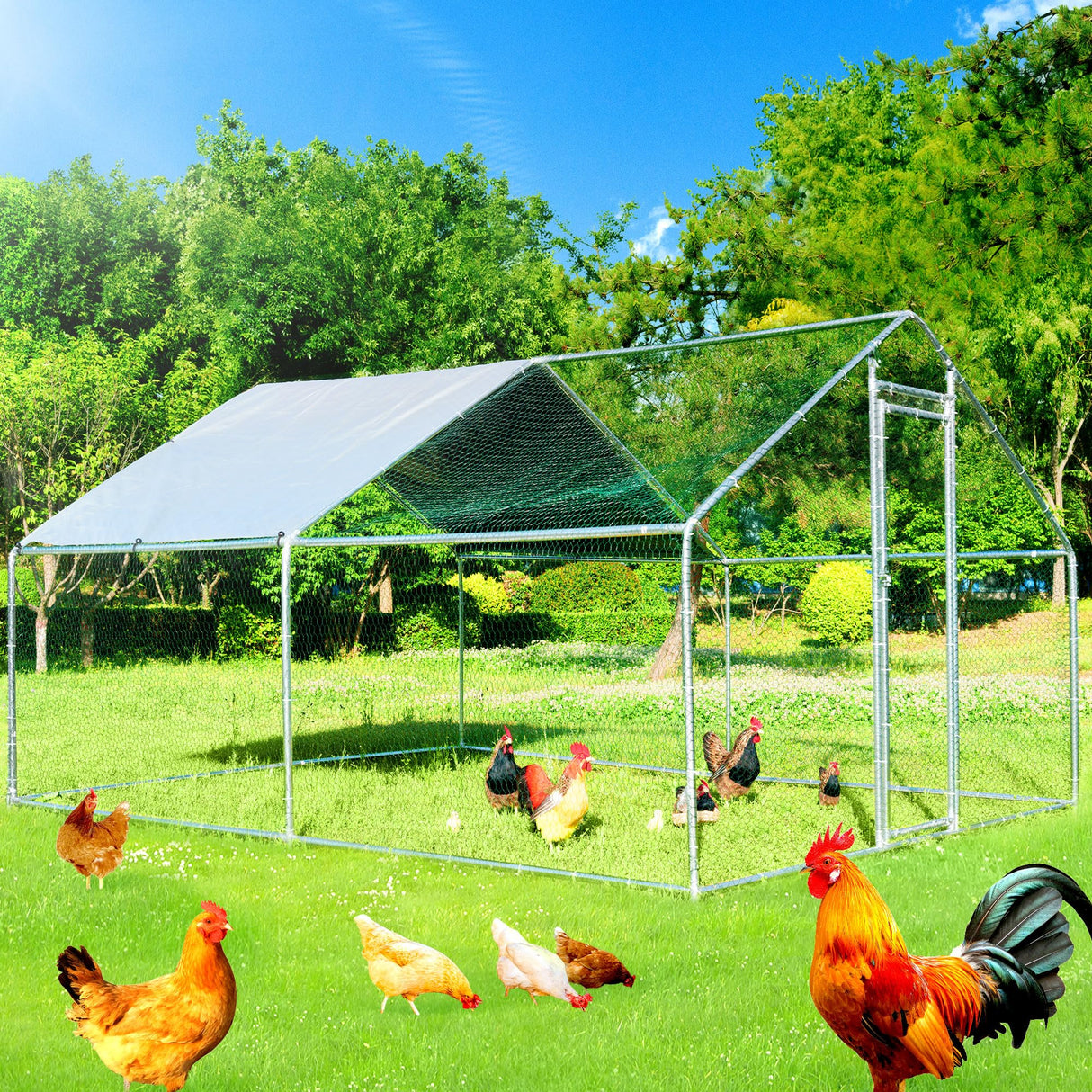 Large Chicken Coop Metal Chicken Runs for Yard with Cover Outdoor Pet Pens Poultry Cage Duck Rabbit House Backyard Use (13'Lx10'Wx6.6'H) HEASON