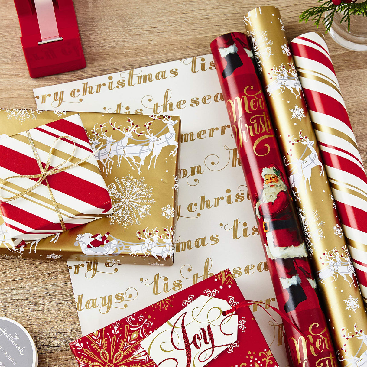 Hallmark Christmas Wrapping Paper Rolls - Traditional Holiday Gift Wrap Paper (Set of 3 Reversible Rolls: 120 sq. ft. ttl.) Red and Gold Snowflakes, Stripes, Plaid, Santa's Sleigh Hallmark