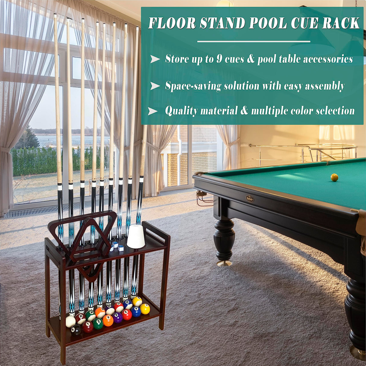GACCO BILLIARDS Pool Stick Holder Floor Stand Holds 9 Cues & Pool Table Accessories. Wooden 2-Tier Cue Stick Storage with Ball Rack Hangers, Billiard Cone Chalk Holder or Drink Pads (Mahogany) GACCO BILLIARDS