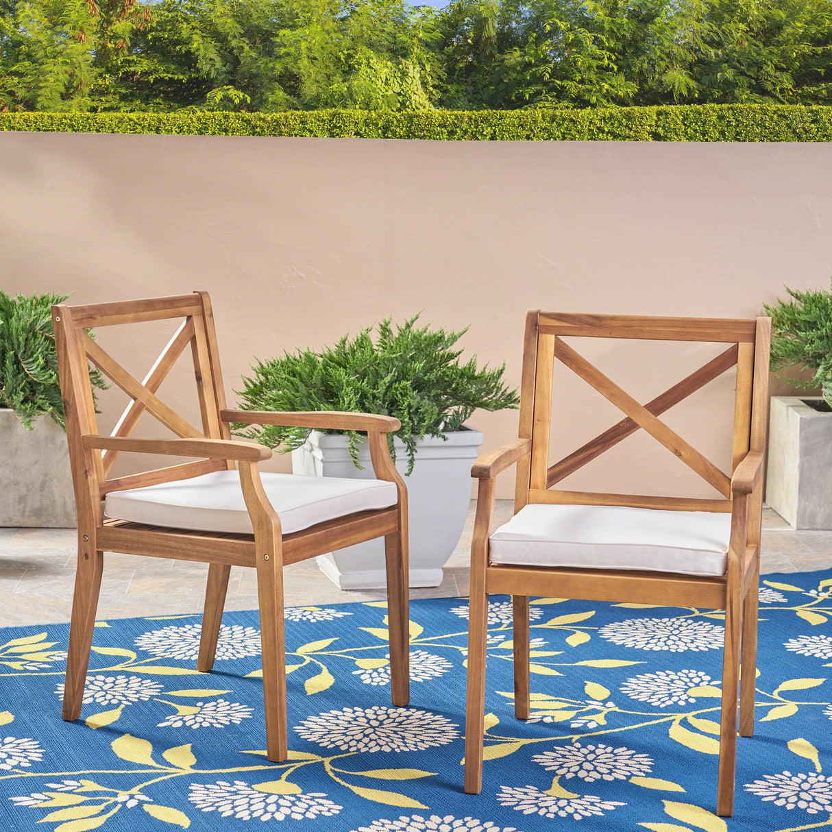 Christopher Knight Home Peter | Outdoor Acacia Wood Dining Chair Set of 2, Teak/Cream Cushion Christopher Knight Home