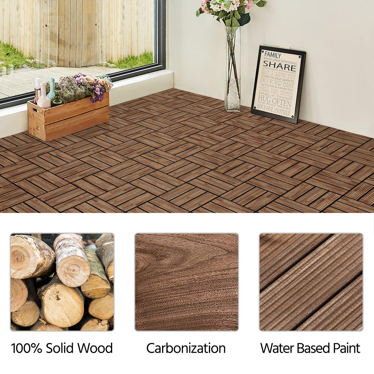 Yaheetech 27PCS Wooden Decking Tiles 12 x 12in Hardwood Interlocking Patio Deck Tiles Composite Balcony Floor Covering for Platform Patio Garden Pathway 1 sq. ft, Brown Yaheetech