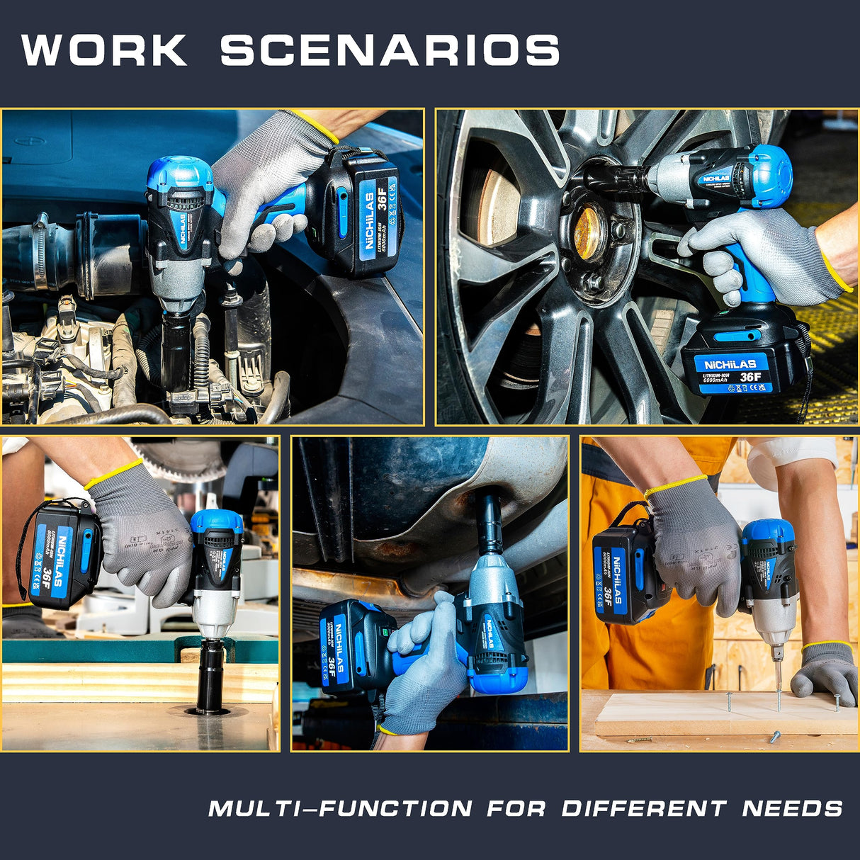 Nichilas Cordless Impact Wrench, 2 IN 1 Screwdriver Head, 21V electric power wrench, 420Nm High Torque, 4 Pole Motor, Include Battery & Charger & Carrying Plastic Box Nichilas