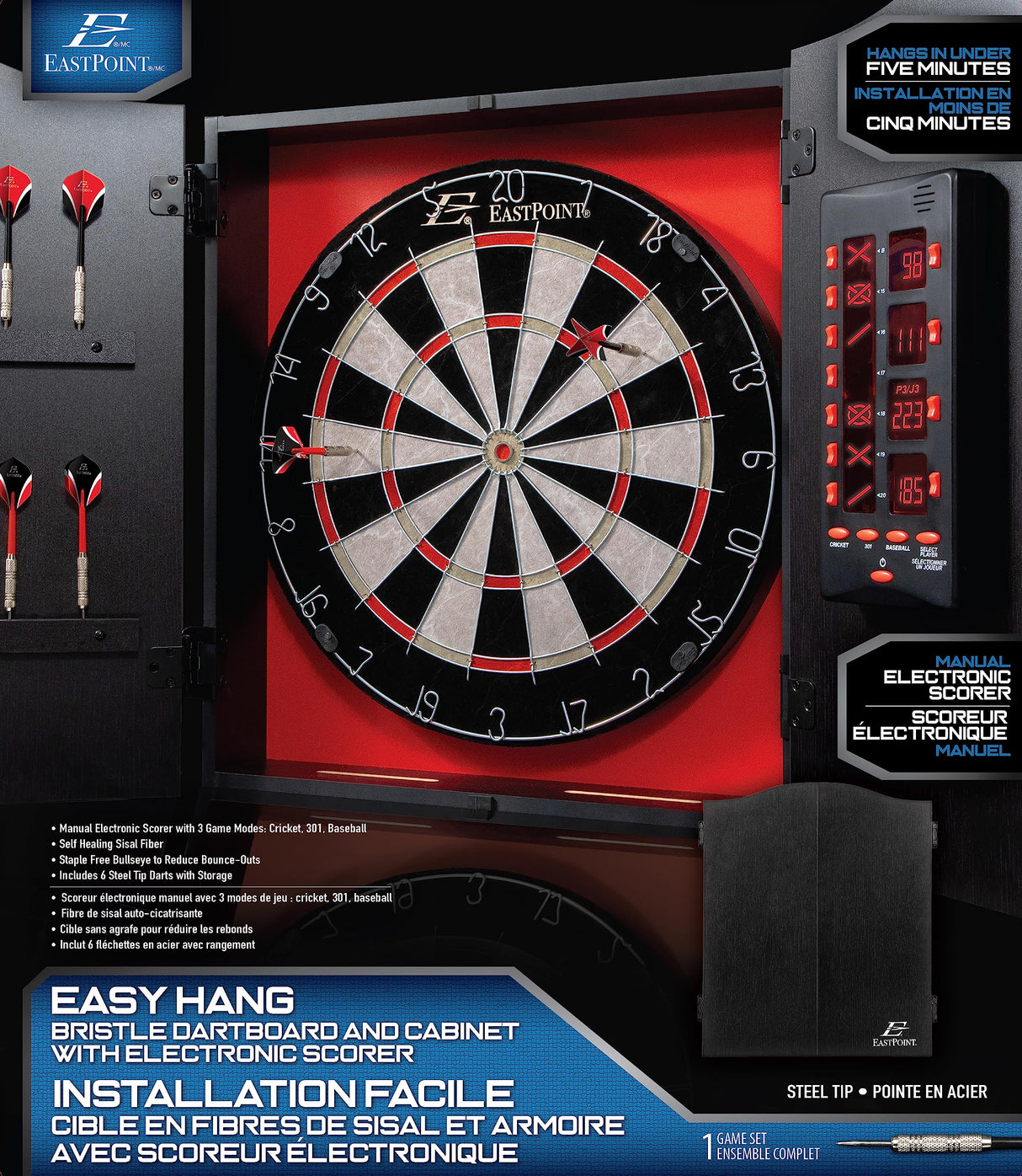 EastPoint Sports Tournament Bristle Dartboard and Easy Hang Cabinet with Electronic Scoreboard and 6 Steel Tip Darts EastPoint Sports