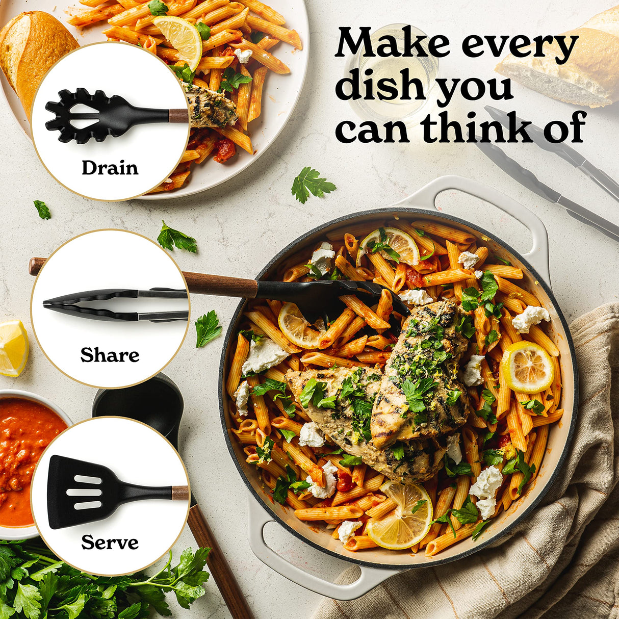 Silicone Kitchen Utensils Set & Holder: Cooking Utensils Set - Kitchen Essentials for New Home & 1st Apartment- Silicone Spatula Set, Cooking Spoons for Nonstick Cookware (Acacia Wood, Black) SMIRLY