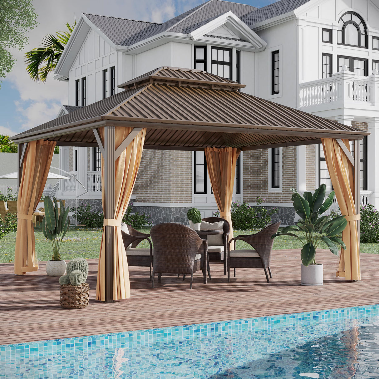 GAZEBEST 12x14 ft Hardtop Gazebo Outdoor Aluminum Patio Gazebo Double Roof Galvanized Steel Gazebo Canopy with Netting and Curtains,for Garden Patio,Patio Backyard,Deck and Lawns GAZEBEST