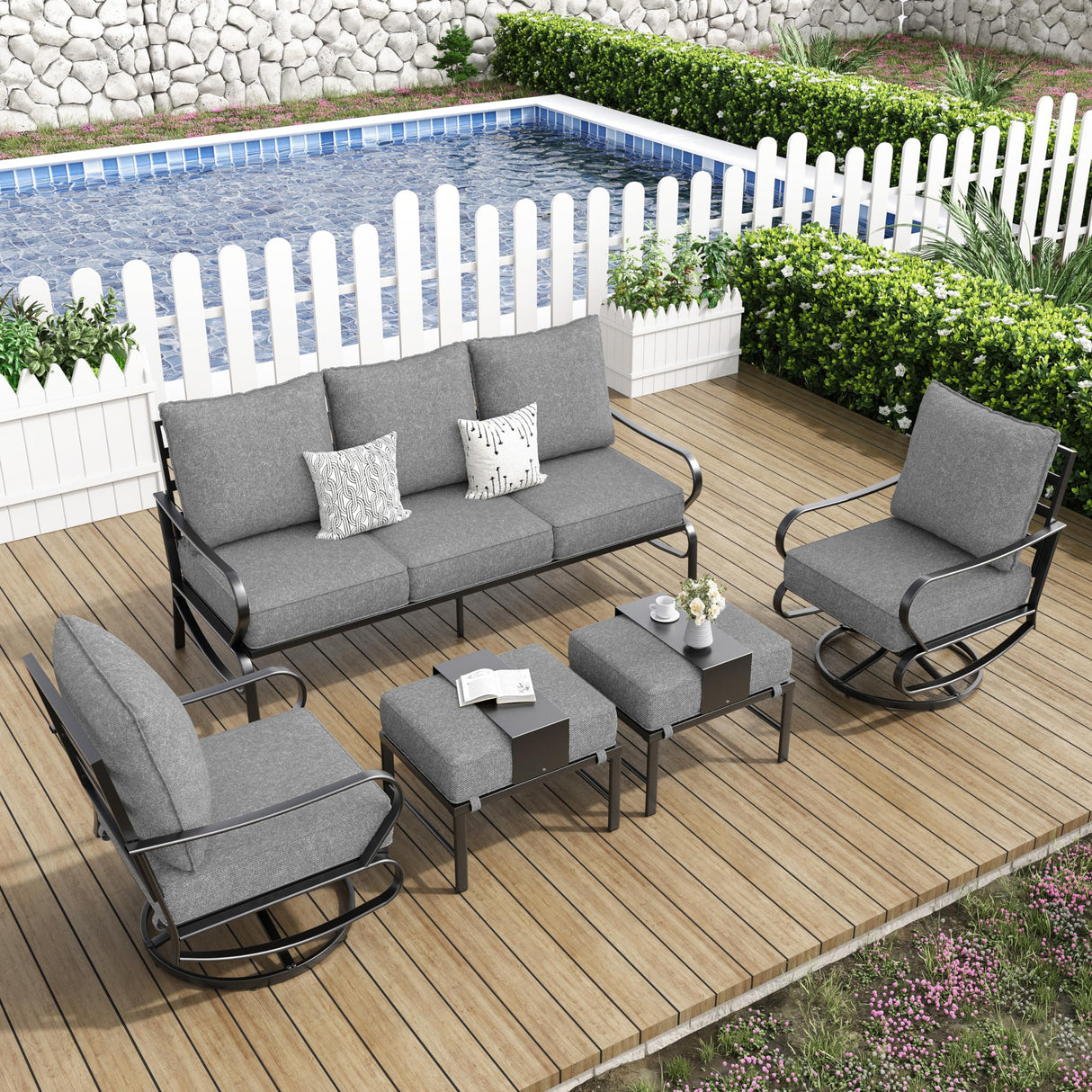 Amopatio Patio Furniture Set, Outdoor Furniture Set with Swivel Chair, 5 Pieces Patio Conversation Sets with 5.75" Extra Thick Cushion Include Waterproof Covers for Poolside Deck, Grey Amopatio