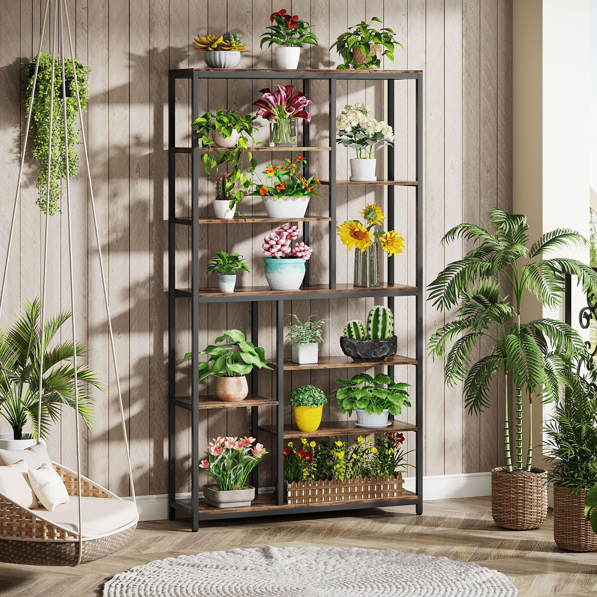 Tribesigns 79-Inch Tall Staggered Bookshelf, Industrial Bookcase with 8 Open Shelves, Wood and Metal Etagere Display Shelf for Living Room, Home and Office Tribesigns