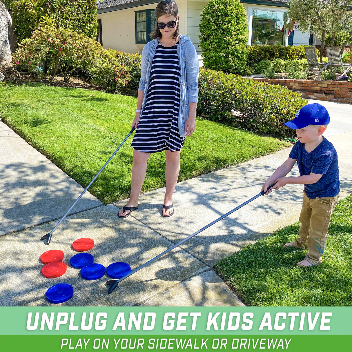 GoSports Driveway Shuffleboard Game Set - Includes 2 Shuffleboard Cue Sticks, 8 Pucks, 2 Pieces of Chalk GoSports