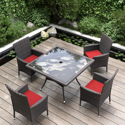 Kurapika 5-Piece Patio Furniture Outdoor Dining Set, Wicker Rattan Patio Dining Table and Chairs Set, Square Tempered Glass Tabletop with Umbrella Hole and 4 Chair Set, Red