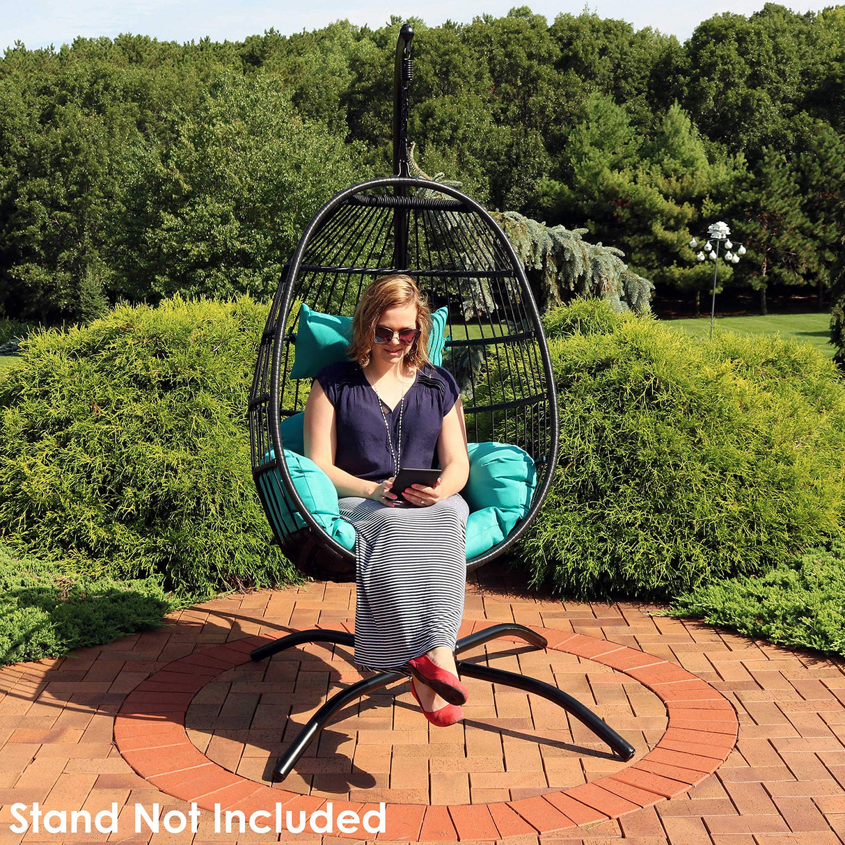 Sunnydaze Dalia Black Steel and Polyethylene Wicker Hanging Egg Chair with Teal Polyester Seat Cushions - 45-Inch Tall Sunnydaze