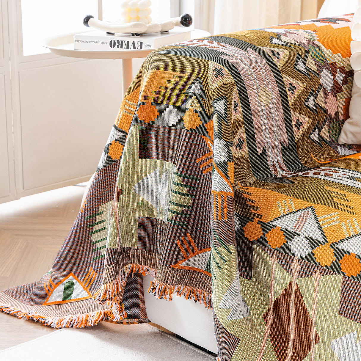 VClife Boho Sofa Covers, Sectional Couch Covers Breathable Cotton Linen Sofa Slipcover Washable Green Orange Geometry Sofa Couch Covers for L Shape Sofa - Farmhouse Sofa Covers with Tassel 71"x118" VClife