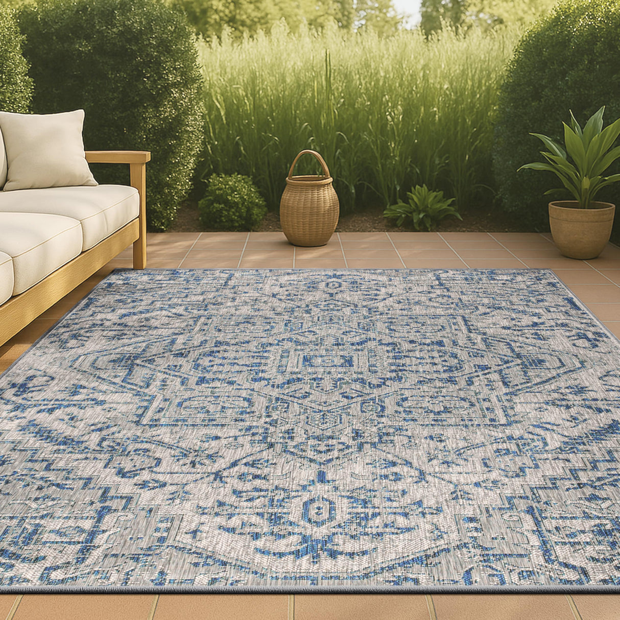 JONATHAN Y Boho Medallion Indoor Outdoor Area Rug 4X6 Navy/Gray, Estrella Textured Weave for Backyard, Patio, Porch, Easy-Cleaning, High Traffic, Pet-Friendly, Non-Shedding (SMB105B-4) JONATHAN Y