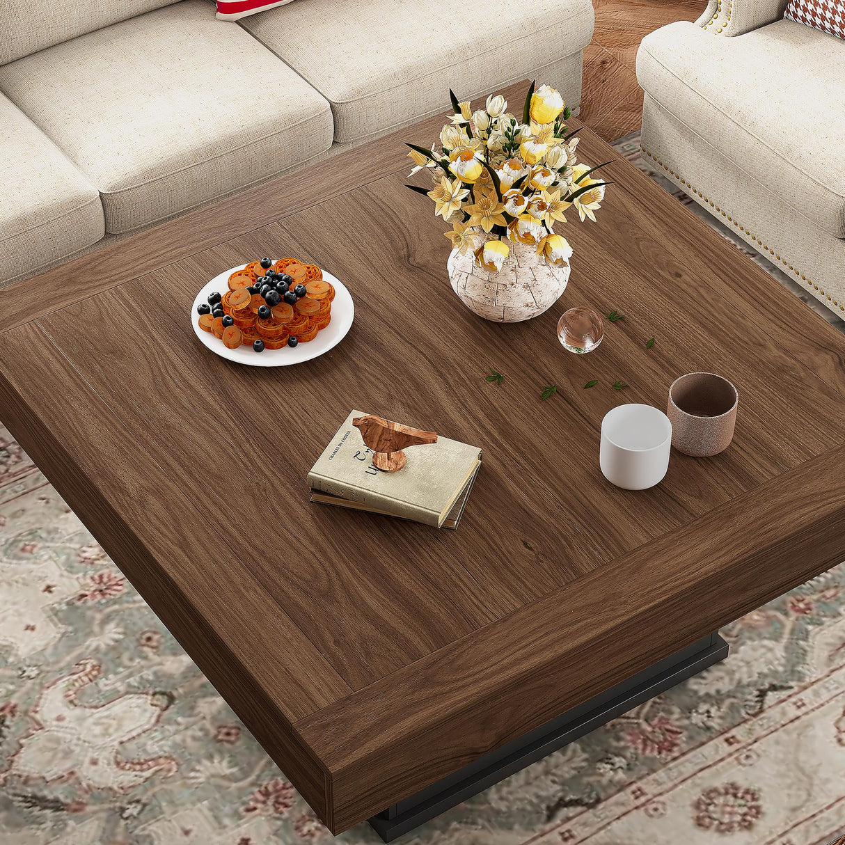 LED Coffee Tables for Living Room, 33.5" Square Center Table with Storage & Hidden Shelf, Large Modern Coffee Table Desk with RGB Lights, Living Room Tables Cocktail Table, Plug-in Use (Vintage Brown) knoworld