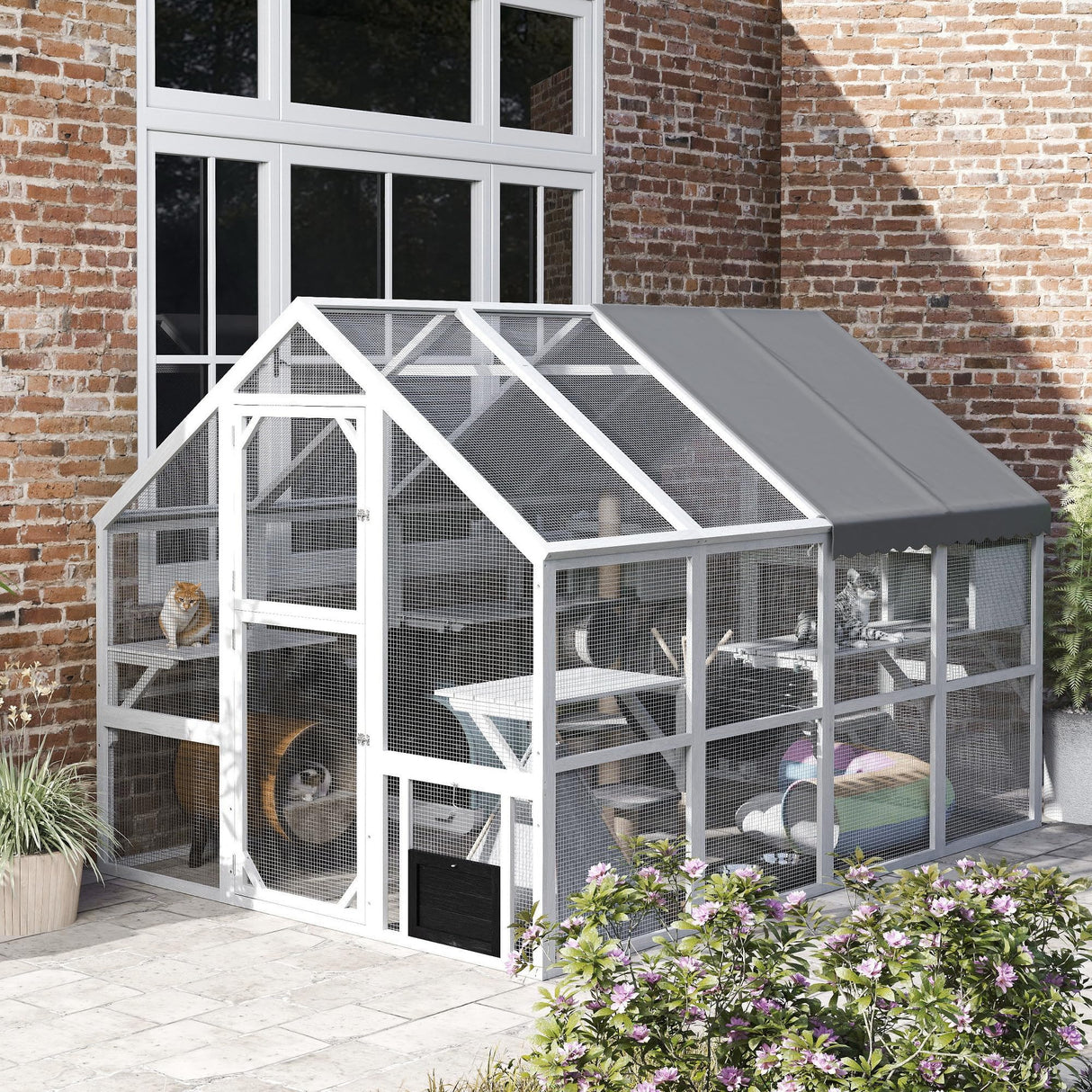 PawHut Large Catio Outdoor Cat Enclosure for Multiple Kittens, Wooden Cat House with Waterproof Cover, Walk in Kitty Cage Kennel with 2 Condos, 6 Platforms, Bridge, Doors, 110" x 73" x 74", White PawHut