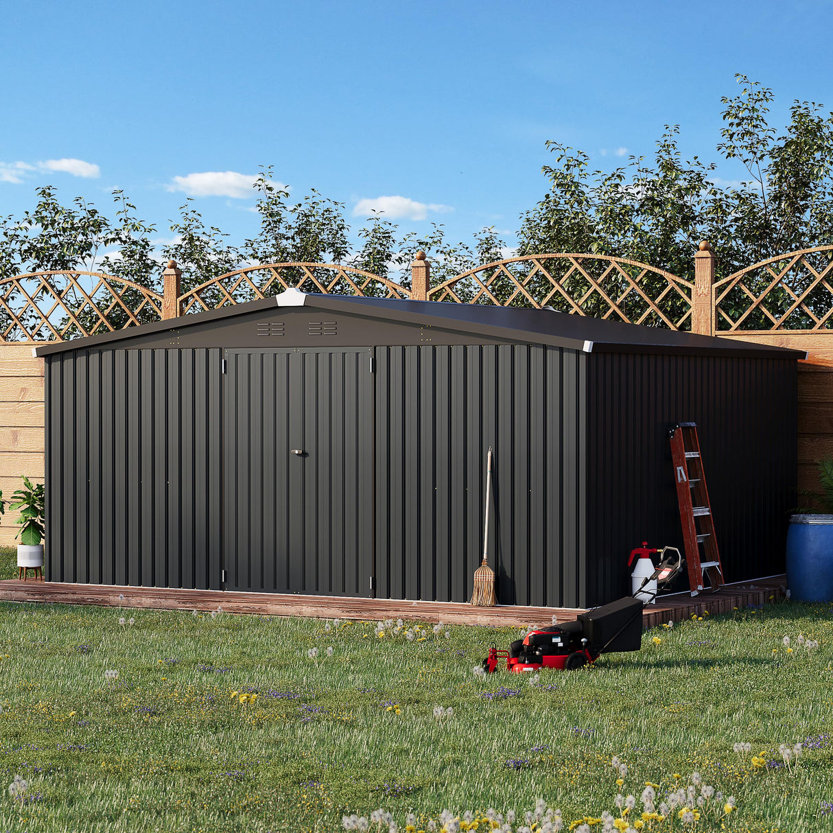 AECOJOY Shed 14' x 12' Storage Shed, Outdoor Metal Storage Sheds & Outdoor Storage 12x14 with Lockable Doors, Large Steel Yard Shed, Utility Tool Storage for Garden, Patio, Outside use in Dark Grey AECOJOY
