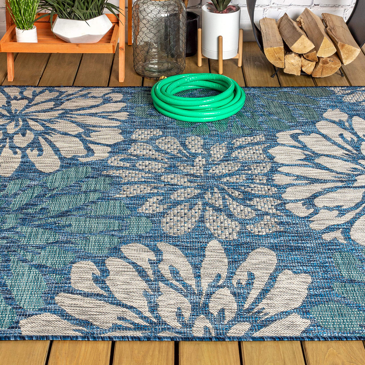 JONATHAN Y SMB110C-8 Zinnia Modern Floral Textured Weave Indoor Outdoor Area-Rug Bohemian Coastal Easy-Cleaning Bedroom Kitchen Backyard Patio Non Shedding, 8 X 10, Navy/Aqua JONATHAN Y