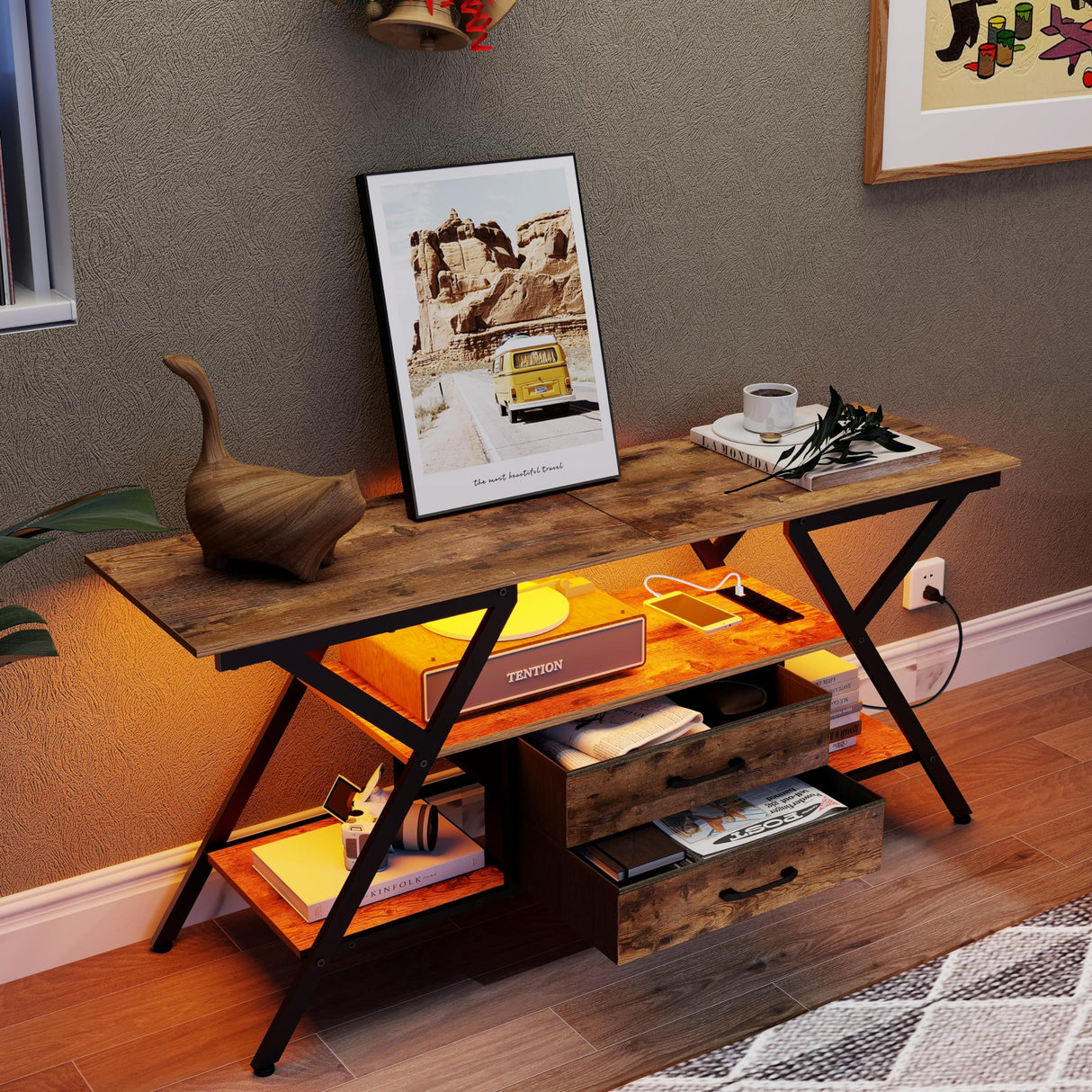 Simoretus Modern 55" TV Stand with Power Outlet for TV up to 65 Inch, LED and 2 Storage Fabric Drawers, Entertainment Center with Charging Station for Living Room Bedroom (Rustic Brown) Simoretus