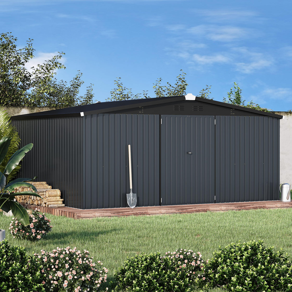 AECOJOY Shed 14' x 12' Storage Shed, Outdoor Metal Storage Sheds & Outdoor Storage 12x14 with Lockable Doors, Large Steel Yard Shed, Utility Tool Storage for Garden, Patio, Outside use in Dark Grey AECOJOY