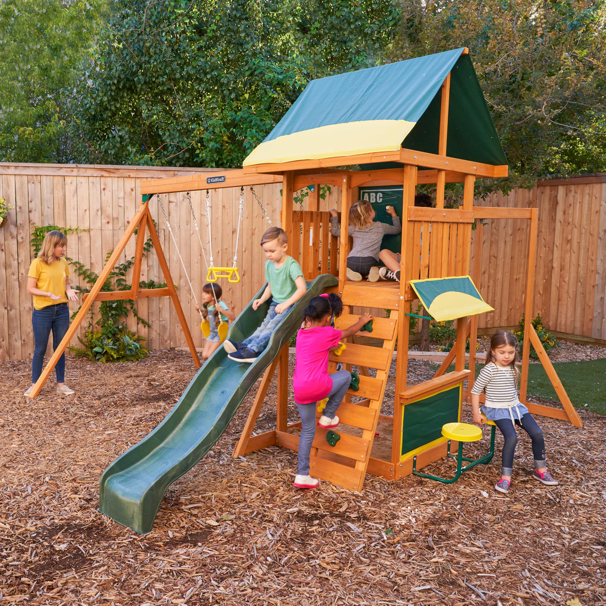 KidKraft Brightside Wooden Swing Set with Café Area and Stools KidKraft