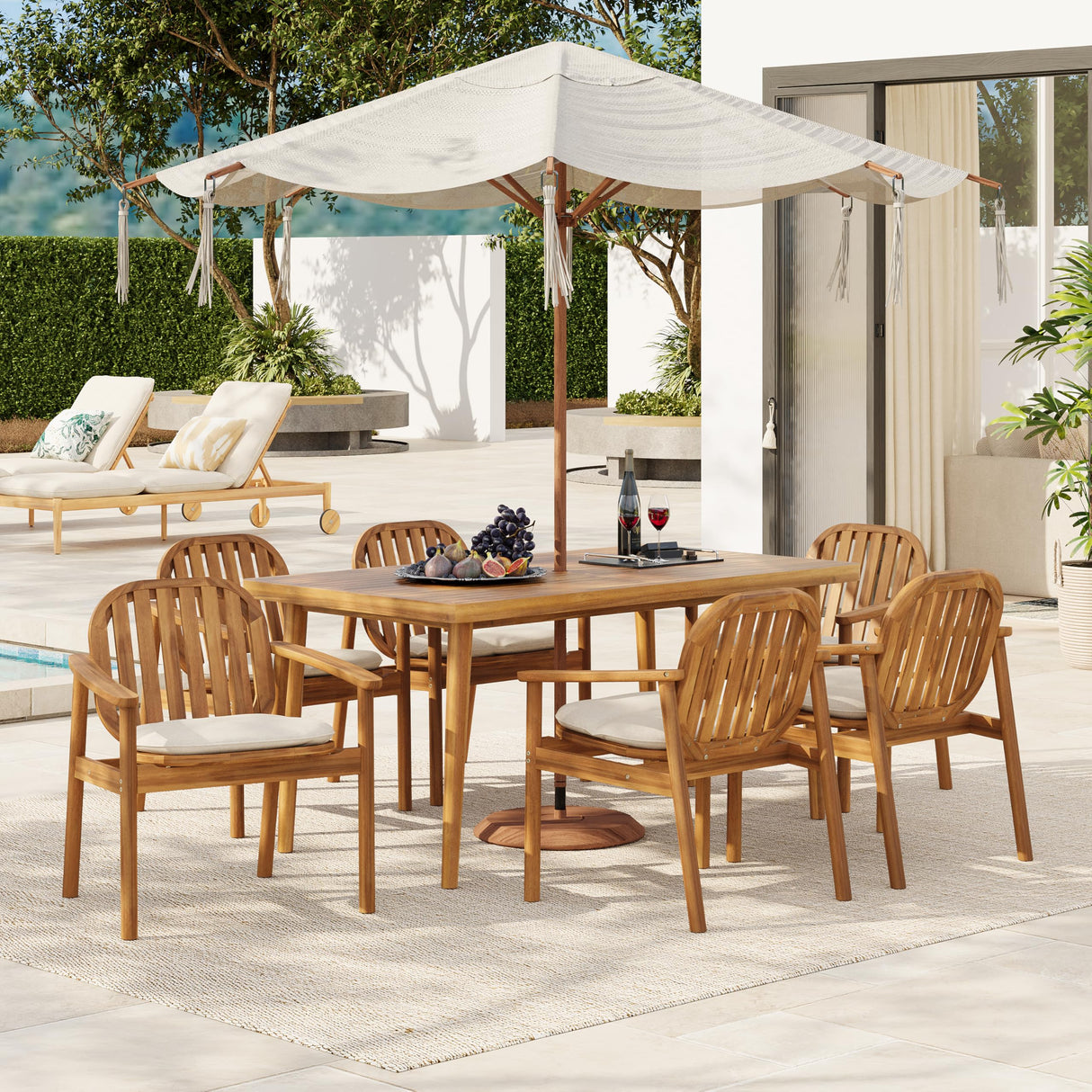 Christopher Knight Home Meja Acacia Wood Outdoor Dining Set for 6, Wooden 7 Piece Patio Dining Table Set, Wooden Outdoor Dining Armchair and Table Set with Cushion, Patio Furniture Set, Teak+Beige Christopher Knight Home